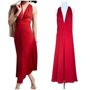 NEW Banana Republic | Halter Red Satin Plunge Neck Plus Size 18 Midi Dress NWT